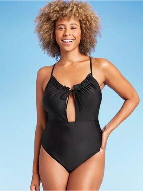 Shade & Shore Black One Piece Swimsuit Ruched Tie Front Size Large New